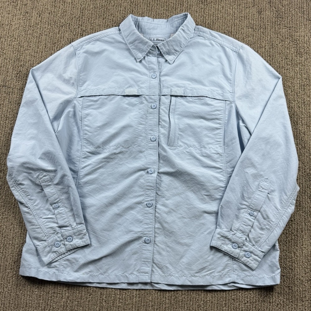 LL Bean Womens XL Reg Button Up Fishing Shirt Long Roll Tab Sleeve Vented Blue